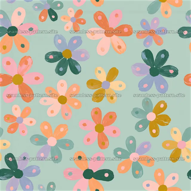 Colorful flower design with green background for fabric or wallpaper — seamless tileable pattern