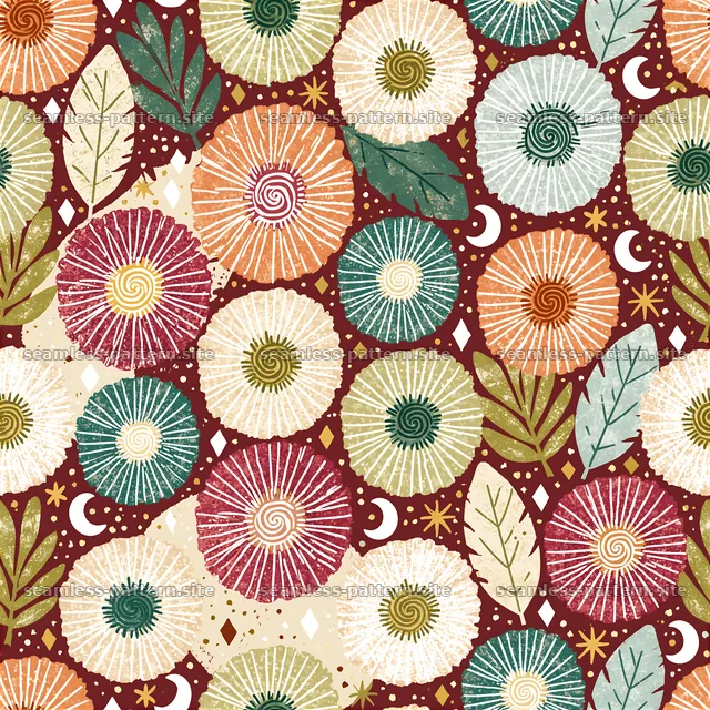Colorful floral seamless pattern with leaves and spirals — seamless tileable pattern