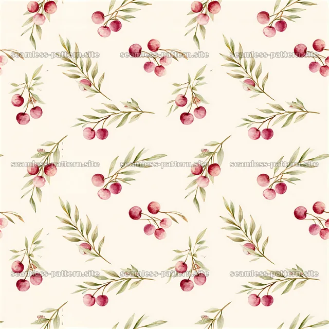 Watercolor cherry pattern with leaves on a light background — seamless tileable pattern