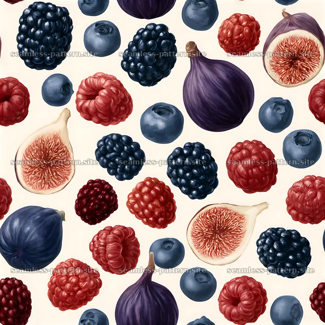 Colorful fruit seamless pattern with figs, raspberries, and blueberries — seamless tileable pattern