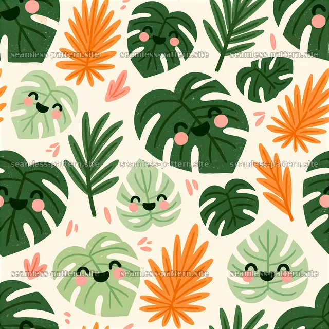 Cute tropical foliage seamless pattern with smiling leaves — seamless tileable pattern