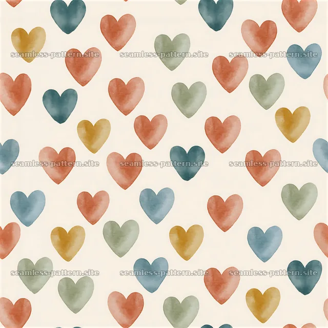 Seamless watercolor heart pattern with various colored hearts — seamless tileable pattern