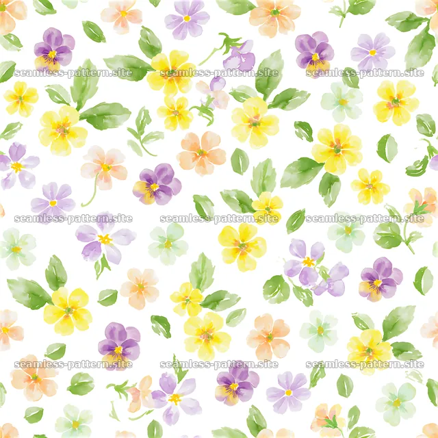 Watercolor floral repeating pattern with colorful blossoms and leaves — seamless tileable pattern