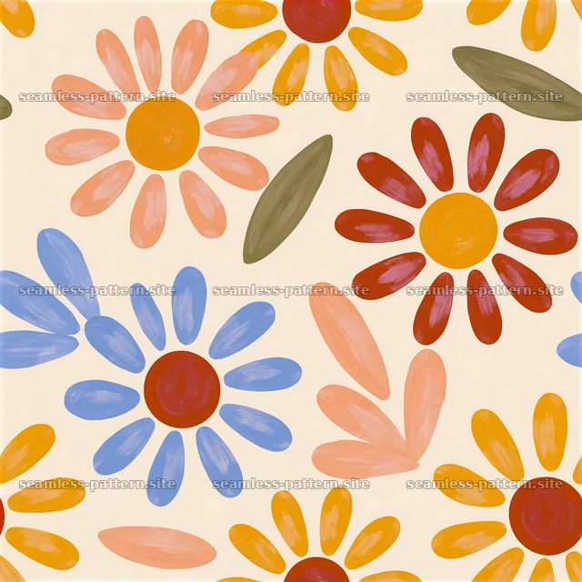 Colorful sun seamless pattern with flowers on a light background — seamless tileable pattern