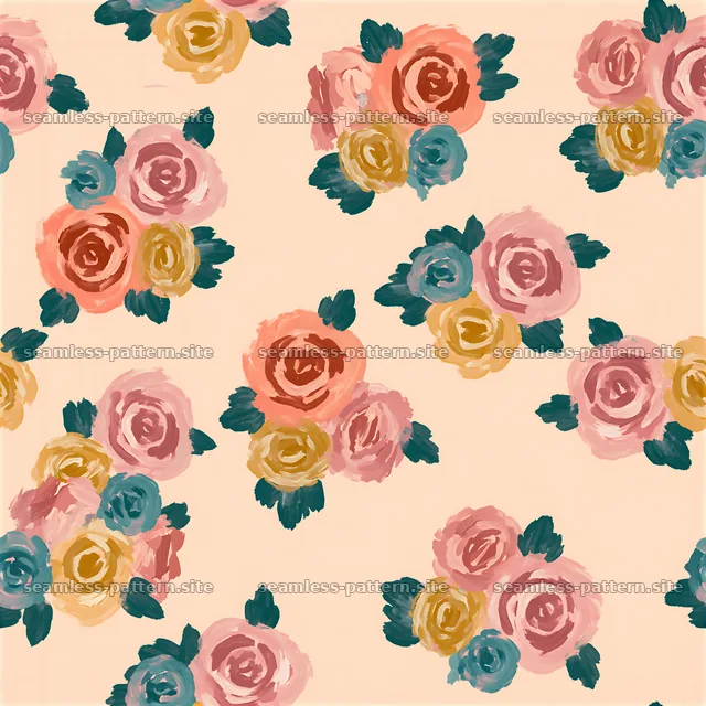 Colorful rose seamless pattern featuring various painted roses on — seamless tileable pattern