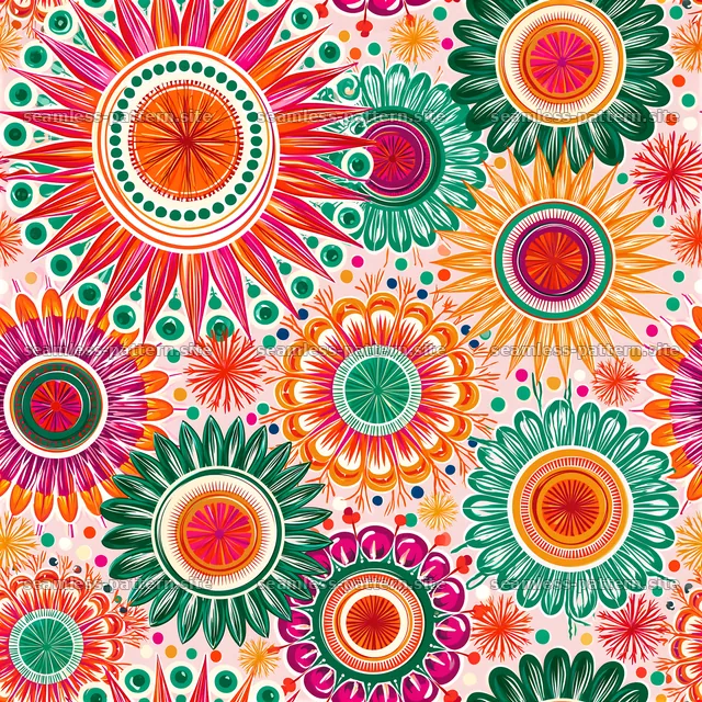 Colorful floral design with sunburst motifs in a seamless pattern — seamless tileable pattern