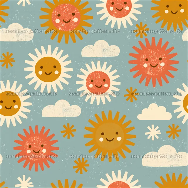 Bright sunshine faces and clouds create a playful seamless pattern — seamless tileable pattern