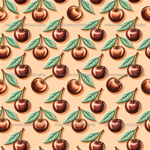 Cherry pattern with leaves on peach background — seamless tileable pattern