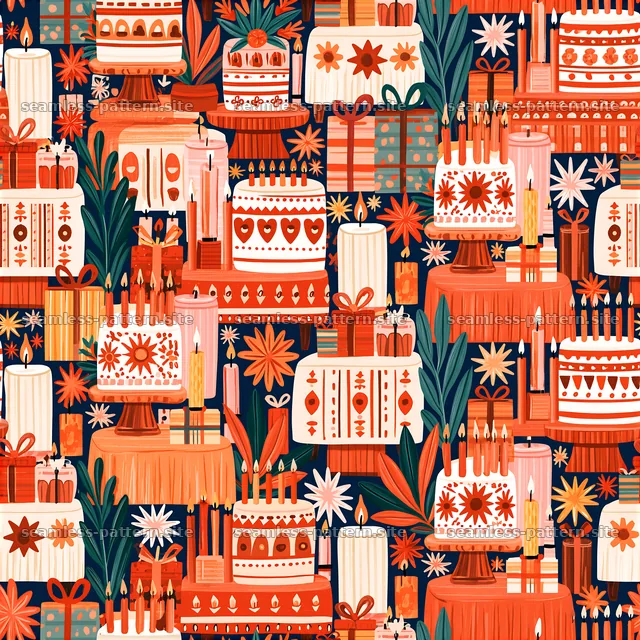 Birthday cakes, candles and gifts seamless pattern — seamless tileable pattern