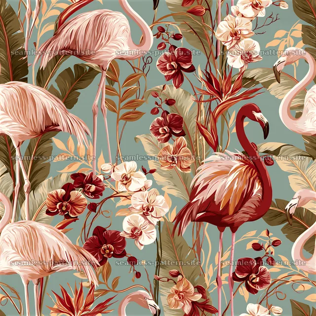 Flamingo and floral seamless pattern in warm color tones — seamless tileable pattern