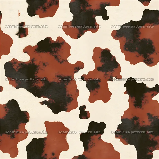 Seamless cowhide pattern showing brown and black shapes on a light — seamless tileable pattern
