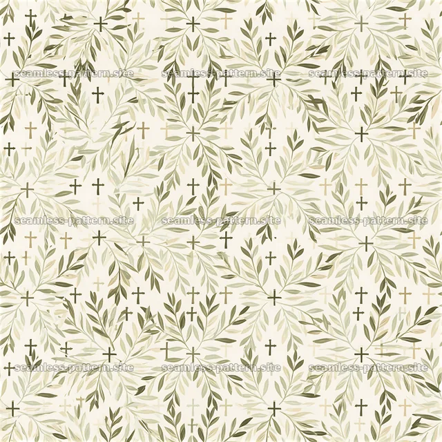 Tileable pattern of olive branches and small crosses in green tones — seamless tileable pattern