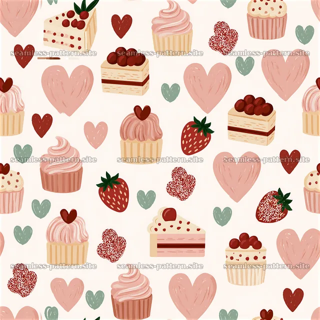 Seamless heart and dessert pattern featuring cupcakes and strawberries — seamless tileable pattern