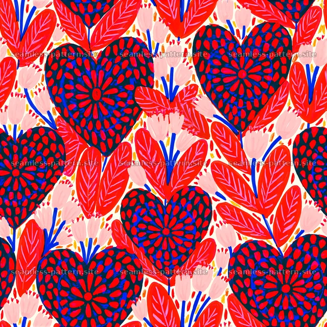 Bold red hearts and flowers create a colorful seamless pattern — seamless tileable pattern
