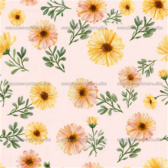 Seamless watercolor calendula pattern with yellow flowers and green leaves — seamless tileable pattern