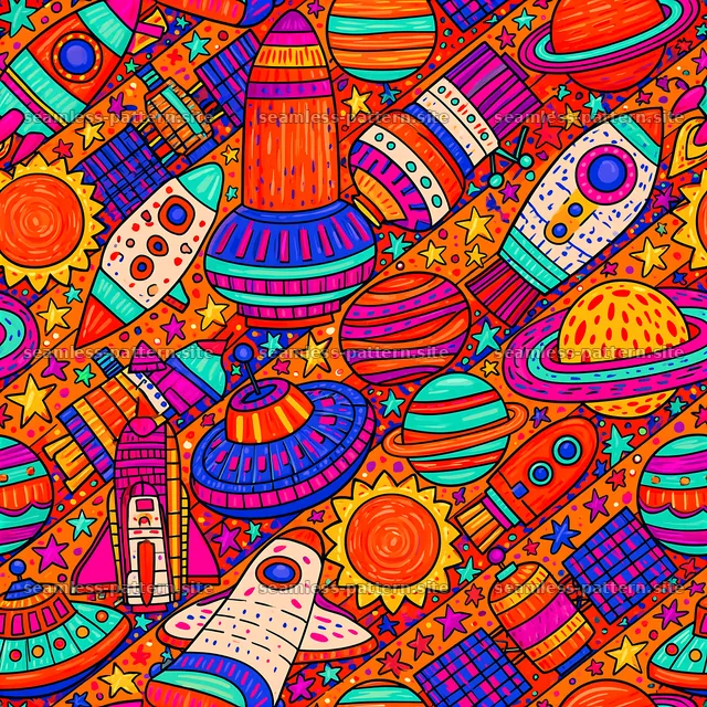 Colorful Space Seamless Pattern with Rockets and Planets — seamless tileable pattern