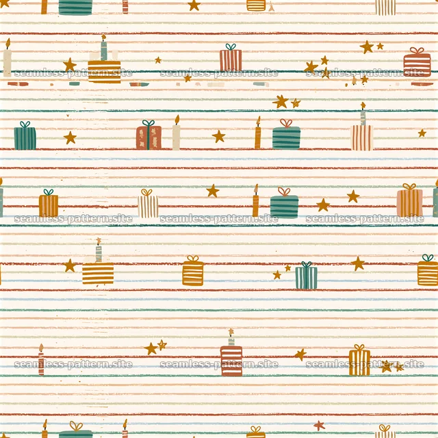 Birthday striped repeat pattern with cakes, gifts, and stars — seamless tileable pattern