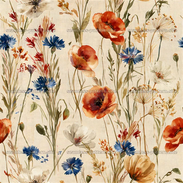 Watercolor floral repeating pattern with red and blue flowers on beige — seamless tileable pattern