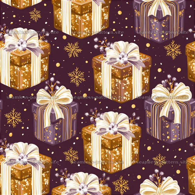 Colorful gifts arranged in a repeating pattern on a dark background — seamless tileable pattern