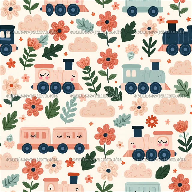 Colorful train seamless pattern with flowers and clouds for kids — seamless tileable pattern