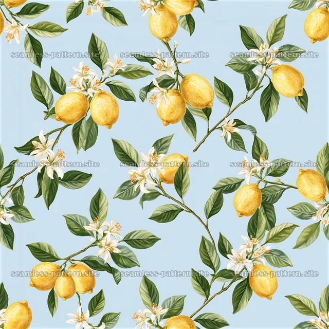 Cute lemon seamless pattern on blue background with branches and — seamless tileable pattern