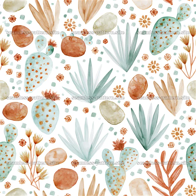 Seamless watercolor textile pattern with plants and stones in natural — seamless tileable pattern