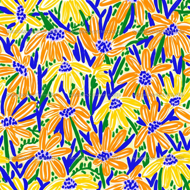 Colorful floral seamless pattern with bold flowers and greenery — seamless tileable pattern