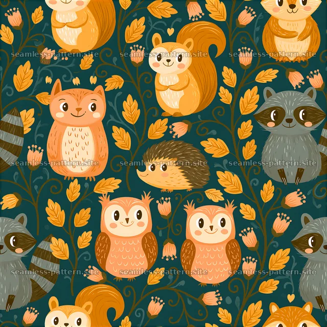 Whimsical woodland creature seamless pattern for kids with animals — seamless tileable pattern