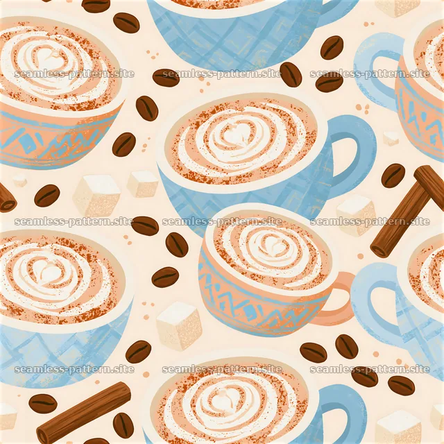 Pastel Coffee Cups and Cinnamon Seamless Pattern — seamless tileable pattern