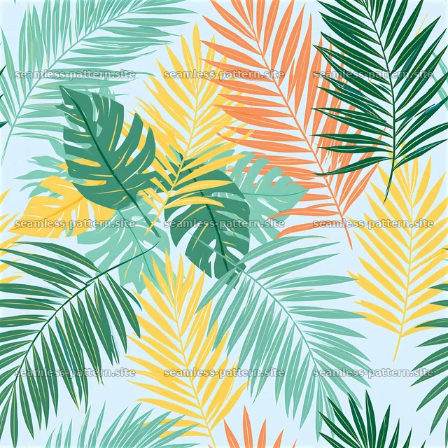 Bright tropical foliage tileable pattern with green and orange leaves — seamless tileable pattern