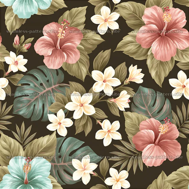 Tropical flower tileable pattern with hibiscus and leaves on dark — seamless tileable pattern