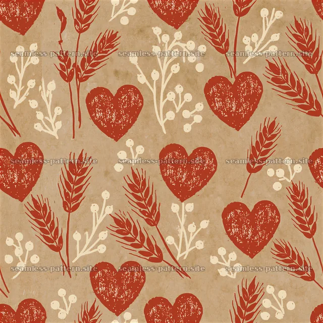 Rustic seamless pattern with hearts and botanical elements — seamless tileable pattern
