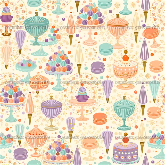 Colorful dessert display with cakes and sweets in seamless pattern — seamless tileable pattern