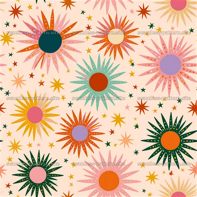 Colorful sun and star seamless pattern for design projects — seamless tileable pattern