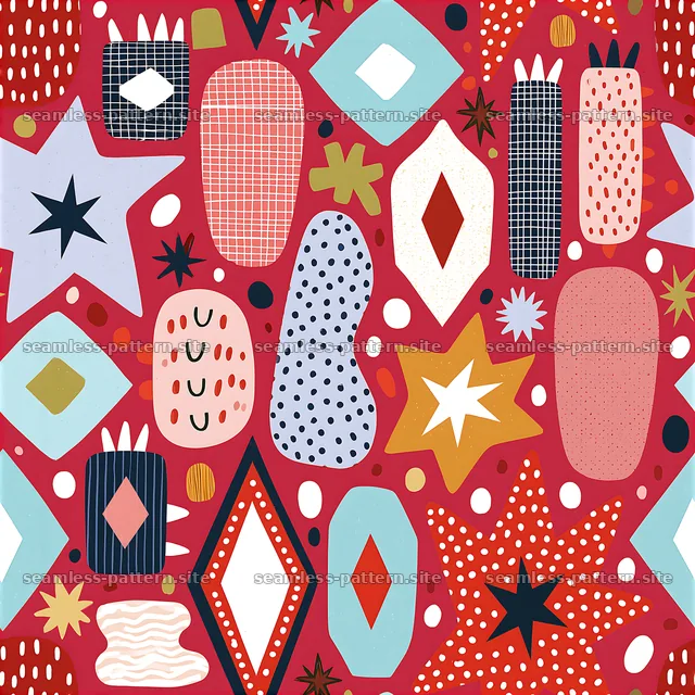 Colorful abstract shapes seamless pattern on a red background — seamless tileable pattern
