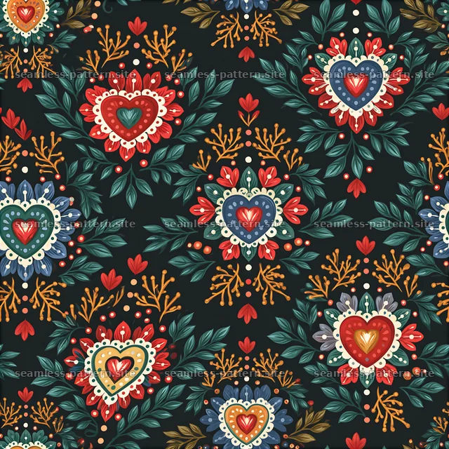 Seamless folk art heart and floral pattern — seamless tileable pattern