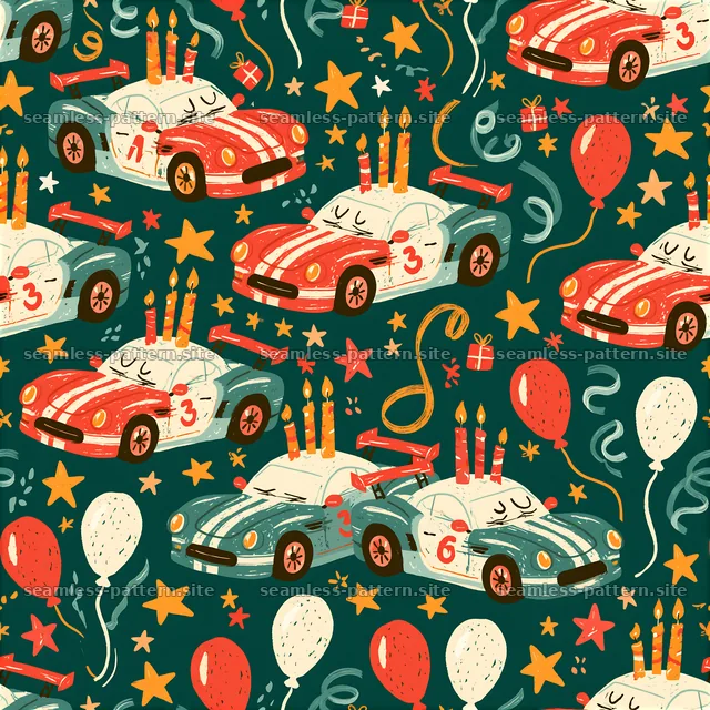 Colorful race cars with balloons and stars in a playful arrangement — seamless tileable pattern