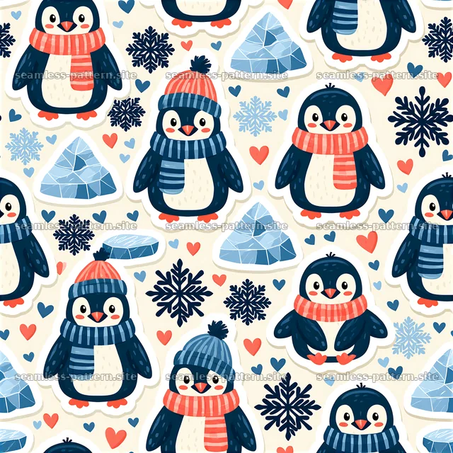Cute charming sticker-style seamless pattern of penguins and ice — seamless tileable pattern