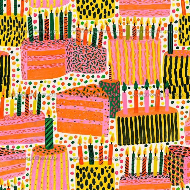 Colorful Birthday Cakes and Candles Seamless Pattern — seamless tileable pattern