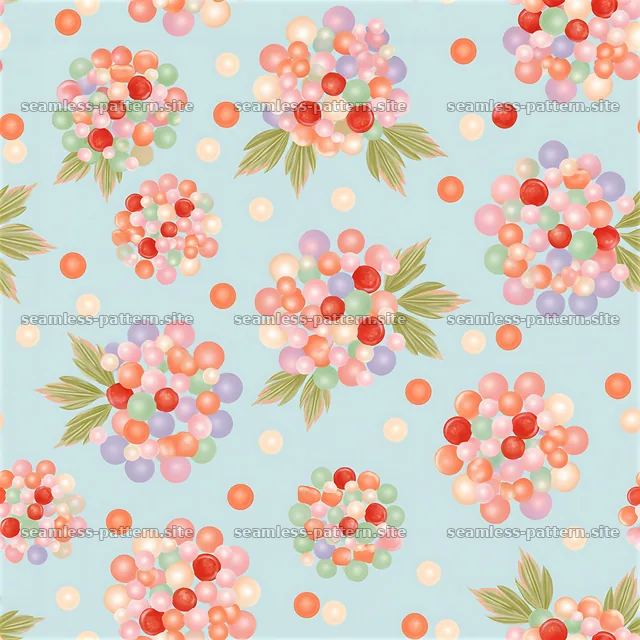 Colorful round shapes with leaves on soft blue background — seamless tileable pattern