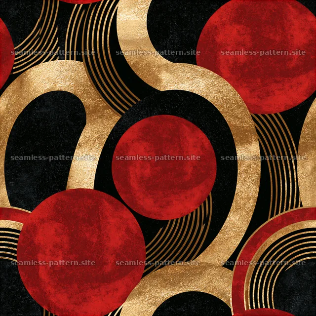 Bold circles and curves in black, red, and gold seamless pattern — seamless tileable pattern