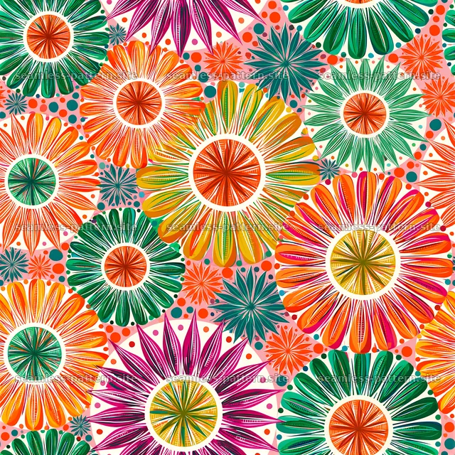 Bright floral seamless pattern with colorful flowers and dots — seamless tileable pattern