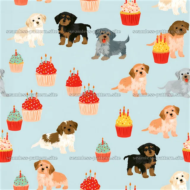Birthday puppies seamless pattern with cupcakes and colorful — seamless tileable pattern