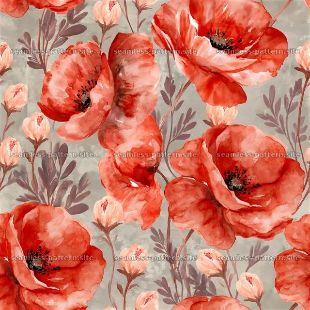 Tileable watercolor red flower pattern with soft grey background — seamless tileable pattern