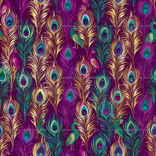 Colorful peacock seamless pattern with bold feathers and vibrant hues — seamless tileable pattern