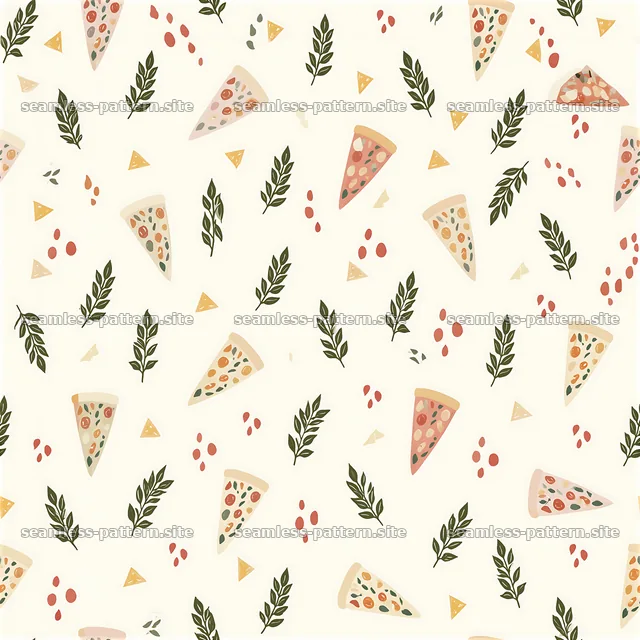 Colorful pizza slices with leaves in a seamless pattern design — seamless tileable pattern