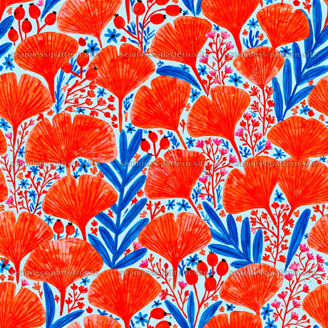 Bright red floral seamless pattern with leaves and small flowers — seamless tileable pattern