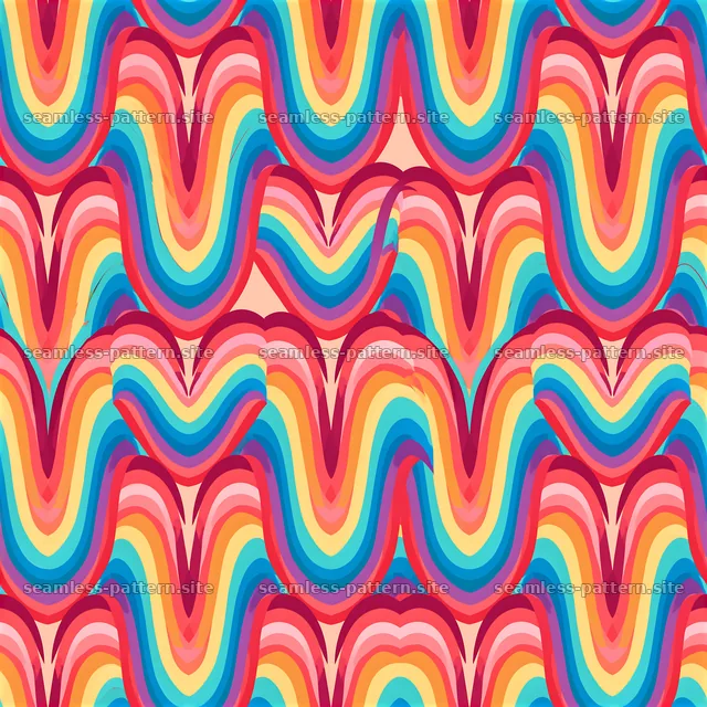 Colorful waves of hearts and rainbows in a seamless design — seamless tileable pattern