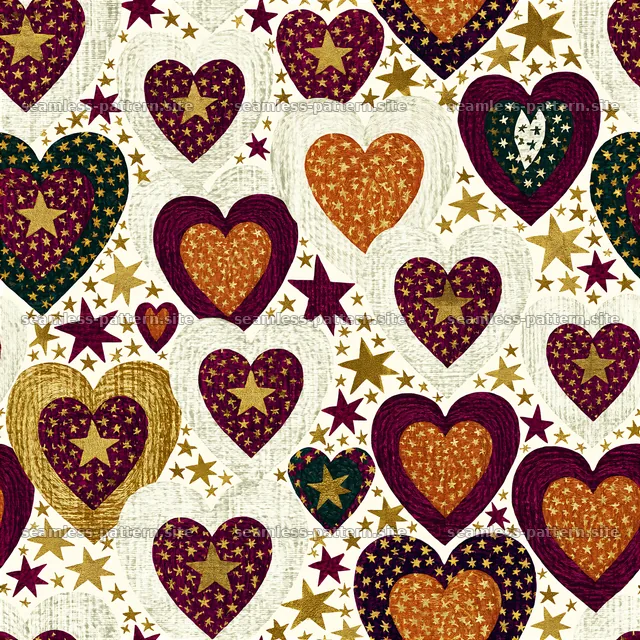 Seamless Heart and Star Pattern in Burgundy and Gold — seamless tileable pattern