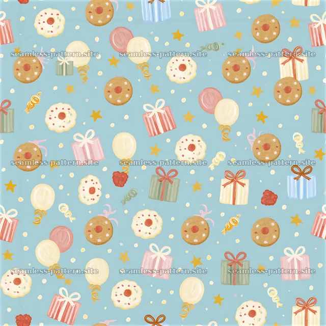 Colorful birthday themed seamless pattern with gifts and treats — seamless tileable pattern